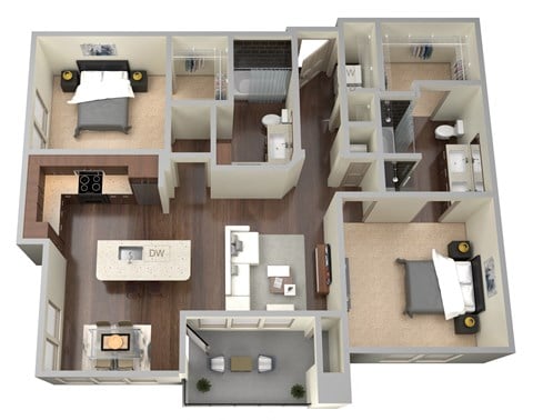 Floor plan for 2 beds, 2 baths, 1132 sqft
